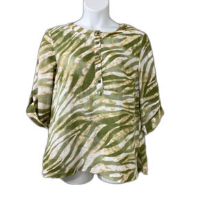 JM Collection Popover Top Womens 14 Green Animal Print Linen Resort Vacation